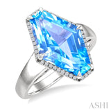16x10 MM Hexagon Shape Blue Topaz and 1/10 Ctw Round Cut Diamond Halo Semi-Precious Ring in 14K White Gold
