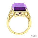 26x12 MM Emerald Cut Amethyst and 1/2 Ctw Round Cut Diamond Halo Semi-Precious Ring in 14K Yellow Gold