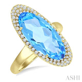 18x8 MM Oval Cut Blue Topaz and 1/3 Ctw Round Cut Diamond Halo Semi-Precious Ring in 14K Yellow Gold