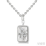 1/10 Ctw Rectangle fluted medallion Round Cut Diamond Fleur-De-Lis Pendant With Chain in Sterling Silver