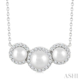 5 MM & 4 MM Cultured Pearl and 1/6 Ctw Round Cut Diamond Halo Pendant With Chain in 14K White Gold