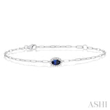 5x3 MM Oval Cut Sapphire and 1/20 Ctw Round Cut Diamond Halo Precious Paperclip Bracelet in 10K White Gold