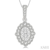 1/4 Ctw Lattice Edge Oval Shape Lovebright Round Cut Diamond Pendant With Chain in 14K White Gold