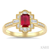 1/3 Ctw Art Deco 6X4MM Octagon Shape Ruby, Baguette and Round Cut Diamond Precious Fashion Ring in 14K Yellow Gold