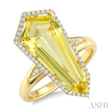 22X9 MM Shield Shape Lemon Quartz and 1/4 Ctw Round Cut Diamond Semi-Precious Ring in 14K Yellow Gold