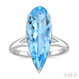 22X8 MM Pear Shape Blue Topaz and 1/50 Ctw Round Cut Diamond Semi-Precious Ring in 14K White Gold