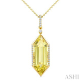 22X8 MM Hexagon Shape Lemon Quartz and 1/6 Ctw Round Cut Diamond Semi-Precious Pendant With Chain in 14K Yellow Gold