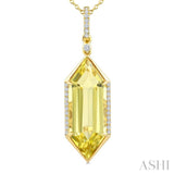 22X8 MM Hexagon Shape Lemon Quartz and 1/6 Ctw Round Cut Diamond Semi-Precious Pendant With Chain in 14K Yellow Gold