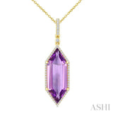 22X8 MM Hexagon Shape Amethyst and 1/4 Ctw Round Cut Diamond Semi-Precious Pendant With Chain in 14K Yellow Gold