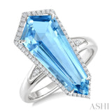 22X9 MM Shield Shape Blue Topaz and 1/4 Ctw Round Cut Diamond Semi-Precious Ring in 14K White Gold