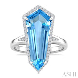 22X9 MM Shield Shape Blue Topaz and 1/4 Ctw Round Cut Diamond Semi-Precious Ring in 14K White Gold