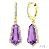 14X7 MM Shield Shape Amethyst and 3/8 Ctw Round Cut Diamond Semi-Precious Earrings in 14K Yellow Gold