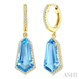 14X7 MM Shield Shape Blue Topaz and 3/8 Ctw Round Cut Diamond Semi-Precious Earrings in 14K Yellow Gold