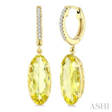 14X6 MM Oval Shape Lemon Quartz and 1/10 Ctw Round Cut Diamond Semi-Precious Earrings in 14K Yellow Gold