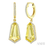 14X7 MM Shield Shape Lemon Quartz and 3/8 Ctw Round Cut Diamond Semi-Precious Earrings in 14K Yellow Gold
