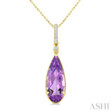 16X6 MM Pear Shape Amethyst and 1/20 Ctw Round Cut Diamond Semi-Precious Pendant With Chain in 10K Yellow Gold