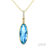 16X6 MM Oval Shape Blue Topaz and 1/20 Ctw Round Cut Diamond Semi-Precious Pendant With Chain in 10K Yellow Gold