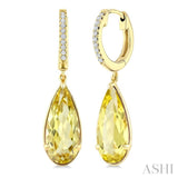 14X6 MM Pear Shape Lemon Quartz and 1/10 Ctw Round Cut Diamond Semi-Precious Earrings in 14K Yellow Gold