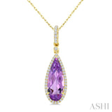 16X6 MM Pear Shape Amethyst and 1/5 Ctw Round Cut Diamond Semi-Precious Pendant With Chain in 10K Yellow Gold