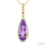 16X6 MM Pear Shape Amethyst and 1/5 Ctw Round Cut Diamond Semi-Precious Pendant With Chain in 10K Yellow Gold