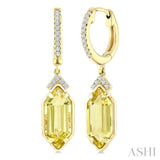 12X5 MM Hexagon Shape Lemon Quartz and 1/6 Ctw Round Cut Diamond Semi-Precious Earrings in 10K Yellow Gold