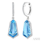 14X7 MM Shield Shape Blue Topaz and 3/8 Ctw Round Cut Diamond Semi-Precious Earrings in 14K White Gold