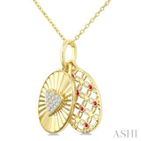 1 MM Round Cut Ruby and 1/10 Ctw Round Cut Diamond Fluted Heart Shaped Precious Pendant with Chain in 10K Yellow Gold