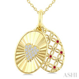 1 MM Round Cut Ruby and 1/10 Ctw Round Cut Diamond Fluted Heart Shaped Precious Pendant with Chain in 10K Yellow Gold