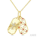 1 MM Round Ruby and 1/50 Ctw Fluted Texture & Cross Round Cut Diamond Precious Pendant With Chain in 10K Yellow Gold