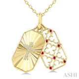 1 MM Round Ruby and 1/50 Ctw Fluted Texture & Cross Round Cut Diamond Precious Pendant With Chain in 10K Yellow Gold