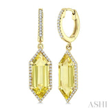 16X6 MM Hexagon Shape Lemon Quartz and 3/8 Ctw Round Cut Diamond Semi-Precious Earrings in 14K Yellow Gold