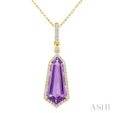 16X7 MM Shield Shape Amethyst and 1/5 Ctw Round Cut Diamond Semi-Precious Pendant With Chain in 10K Yellow Gold