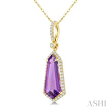 16X7 MM Shield Shape Amethyst and 1/5 Ctw Round Cut Diamond Semi-Precious Pendant With Chain in 10K Yellow Gold
