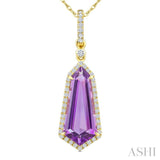 16X7 MM Shield Shape Amethyst and 1/5 Ctw Round Cut Diamond Semi-Precious Pendant With Chain in 10K Yellow Gold