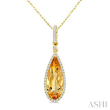 16X6 MM Pear Shape Citrine and 1/5 Ctw Round Cut Diamond Semi-Precious Pendant With Chain in 10K Yellow Gold