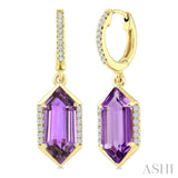 12X5 MM Hexagon Shape Amethyst and 1/5 Ctw Round Cut Diamond Semi-Precious Earrings in 10K Yellow Gold