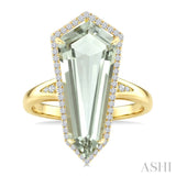 22X9 MM Shield Shape Green Amethyst and 1/4 Ctw Round Cut Diamond Semi-Precious Ring in 14K Yellow Gold