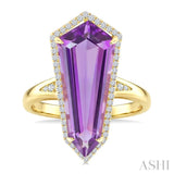 22X9 MM Shield Shape Amethyst and 1/4 Ctw Round Cut Diamond Semi-Precious Ring in 14K Yellow Gold