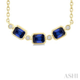 4X3 MM Emerald Cut Sapphire and 1/50 Ctw Bezel Set Round Cut Diamond Precious Fashion Necklace in 10K Yellow Gold