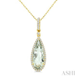 16X6 MM Pear Shape Green Amethyst and 1/5 Ctw Round Cut Diamond Semi-Precious Pendant With Chain in 10K Yellow Gold