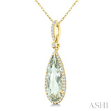 16X6 MM Pear Shape Green Amethyst and 1/5 Ctw Round Cut Diamond Semi-Precious Pendant With Chain in 10K Yellow Gold