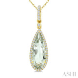 16X6 MM Pear Shape Green Amethyst and 1/5 Ctw Round Cut Diamond Semi-Precious Pendant With Chain in 10K Yellow Gold