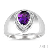 8X5MM Pear Cut Amethyst and 1/20 Ctw Round Cut Diamond Semi-Precious Bold Ring in Sterling Silver