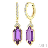 12X5 MM Hexagon Shape Amethyst and 1/6 Ctw Round Cut Diamond Semi-Precious Earrings in 10K Yellow Gold