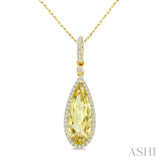 16X6 MM Pear Shape Lemon Quartz and 1/5 Ctw Round Cut Diamond Semi-Precious Pendant With Chain in 10K Yellow Gold