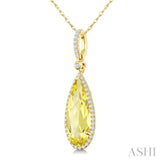 16X6 MM Pear Shape Lemon Quartz and 1/5 Ctw Round Cut Diamond Semi-Precious Pendant With Chain in 10K Yellow Gold