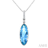 16X6 MM Oval Shape Blue Topaz and 1/20 Ctw Round Cut Diamond Semi-Precious Pendant With Chain in 10K White Gold