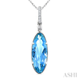 16X6 MM Oval Shape Blue Topaz and 1/20 Ctw Round Cut Diamond Semi-Precious Pendant With Chain in 10K White Gold