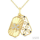1 MM Round Sapphire and 1/20 Ctw Fluted Texture & Clover Round Cut Diamond Precious Pendant With Chain in 10K Yellow Gold
