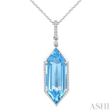 22X8 MM Hexagon Shape Blue Topaz and 1/6 Ctw Round Cut Diamond Semi-Precious Pendant With Chain in 14K White Gold